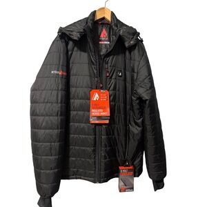 Action Heat Mens Black Rechargeable Insulated Heated Jacket with Hood&Power Bank